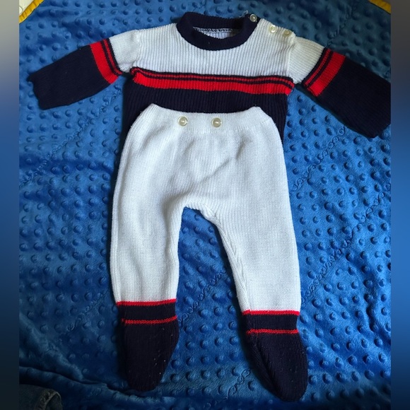 1970’s Vintage Navy/White/Red Baby Knit Outfit-Pearl Buttons - Picture 1 of 10